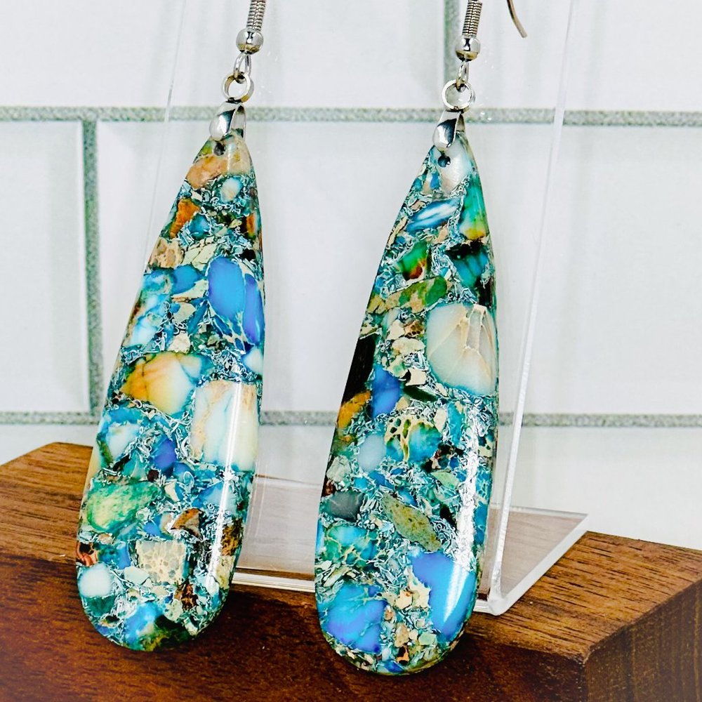 Ocean Blue Impression Jasper and Pyrite Teardrop Pendant Earrings